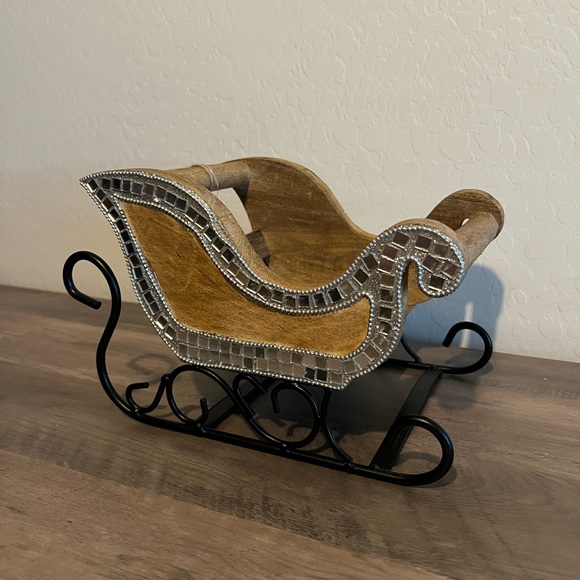 Sleigh Hill Wooden Santa Sleigh with Disco Mirror Ball Accents Christmas Decor - Picture 1 of 14